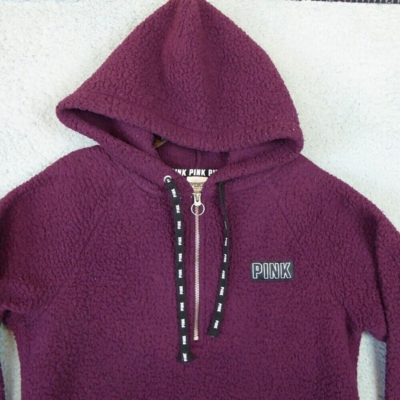 Victoria Secret Hoodie Women Extra Small Pink Pull Over Sweater Deep Pile Fleece - Picture 2 of 8